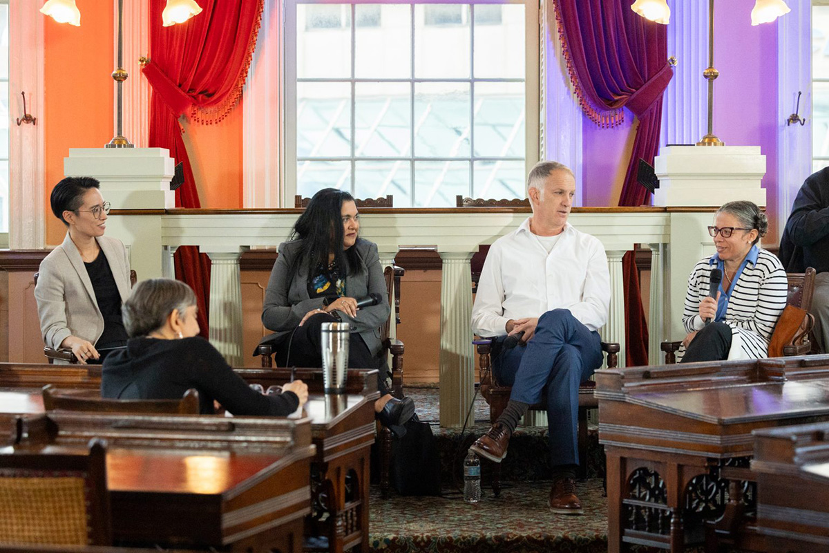 Moderator Catherine Shen and panelists Manisha Sinha, Christopher Vials, and Evelyn Simien, engage in a discussion.